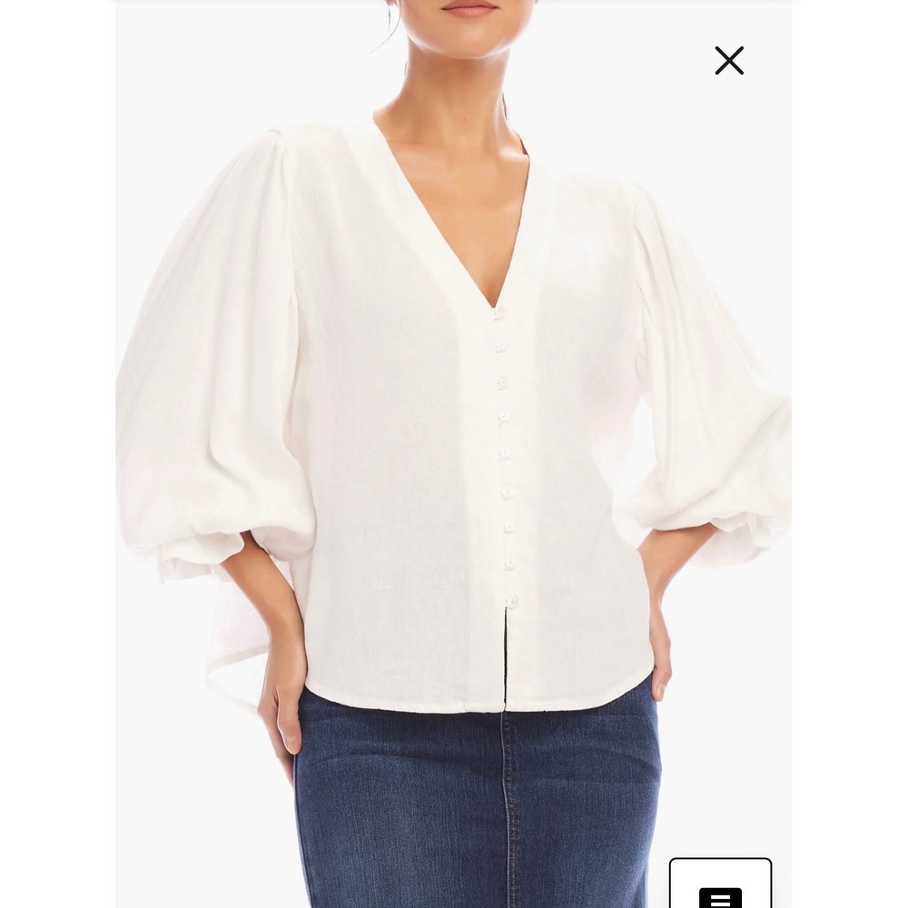 Karen Kane White Blouson Blouse Puff Sleeve V-Neck Button Front Top Large